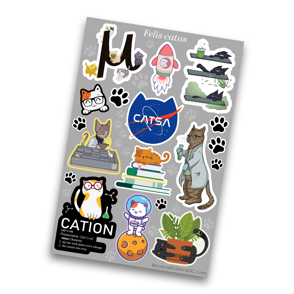 Image of a 4x6 vinyl sticker sheet with a science cats theme