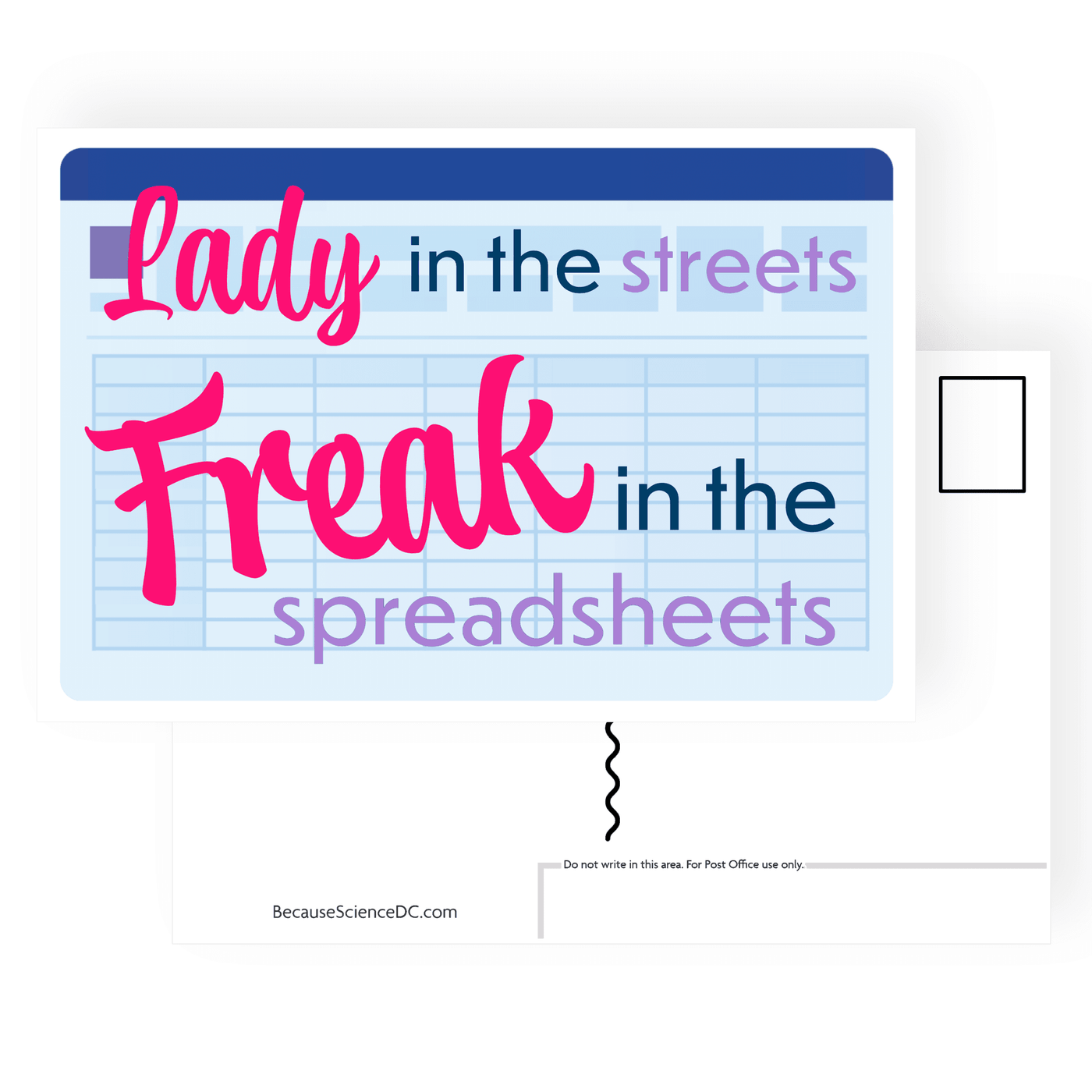 postcard of an illustration of a spreadhseet with text that says freak in the spreadsheets