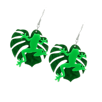 Frog + Monstera Statement Dangle Earrings