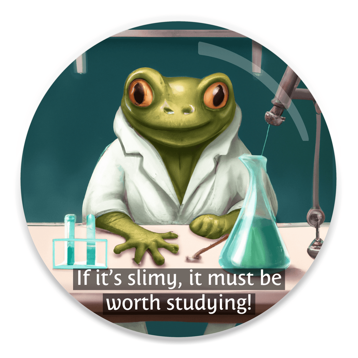 2.25 inch round colorful magnet with image of a frog in a lab coat