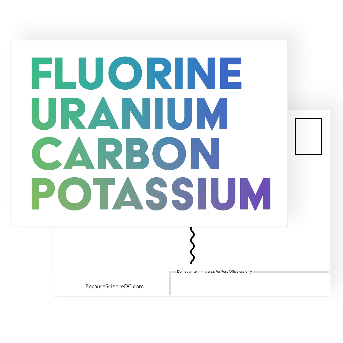 postcard with the elements fluorine uranium carbon and potassion spelled out