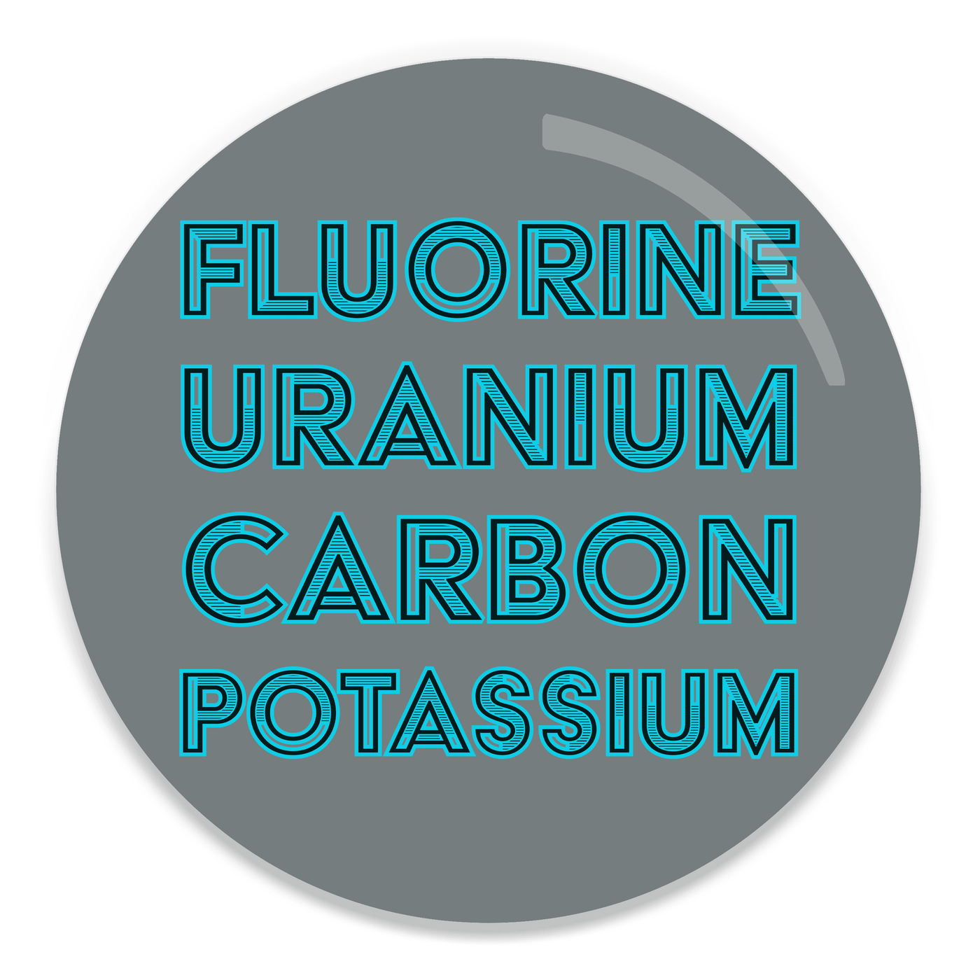 2.25 inch round colorful magnet with image of text saying fluorine uranium carbon potassium