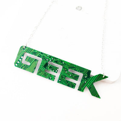 geek word necklace in circuit board