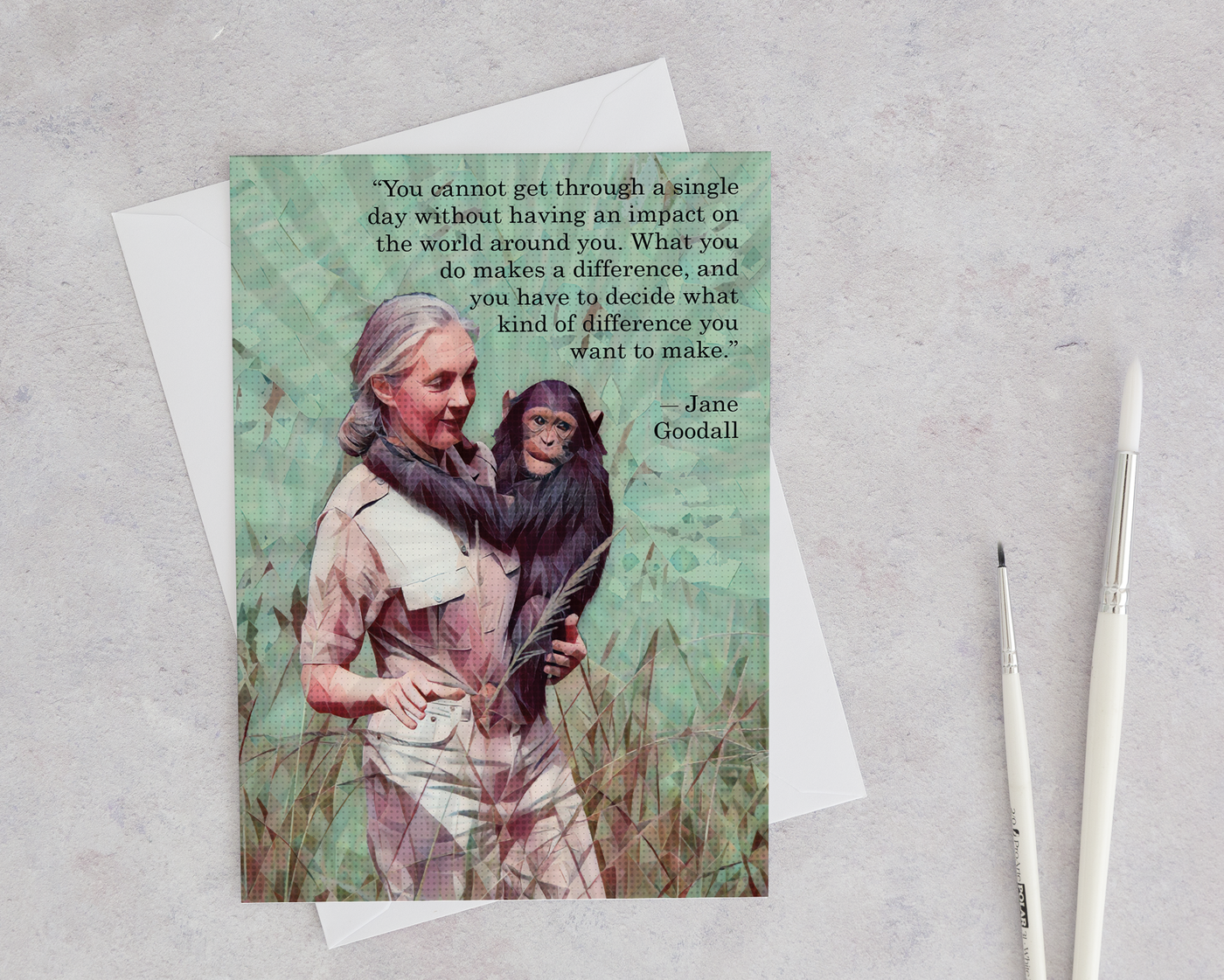 Jane Goodall blank greeting card with envelope with a modern computer designed image