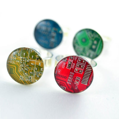 handmade recycled computer motherboard adjustable cocktail ring in red yellow green and blue