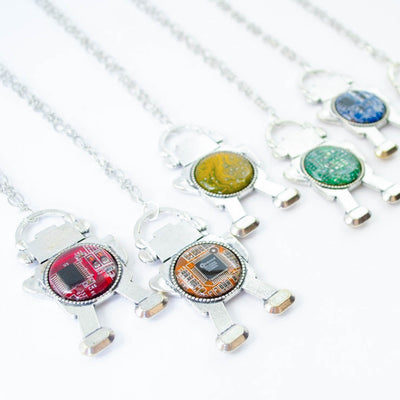 handmade recycled circuit board robot necklaces in a rainbow of colors
