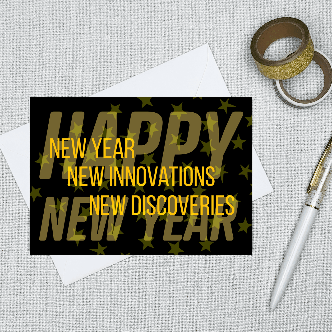 a blank inside greeting card that says happy new year with background that says new year new innovations new discoveries