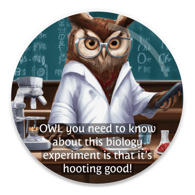 2.25 inch round colorful magnet with image of an owl in a lab
