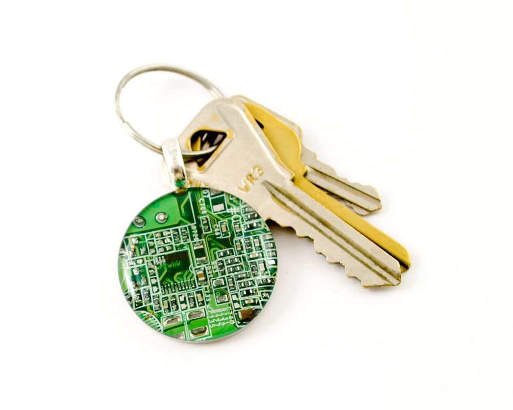 green recycled circuit board keychain