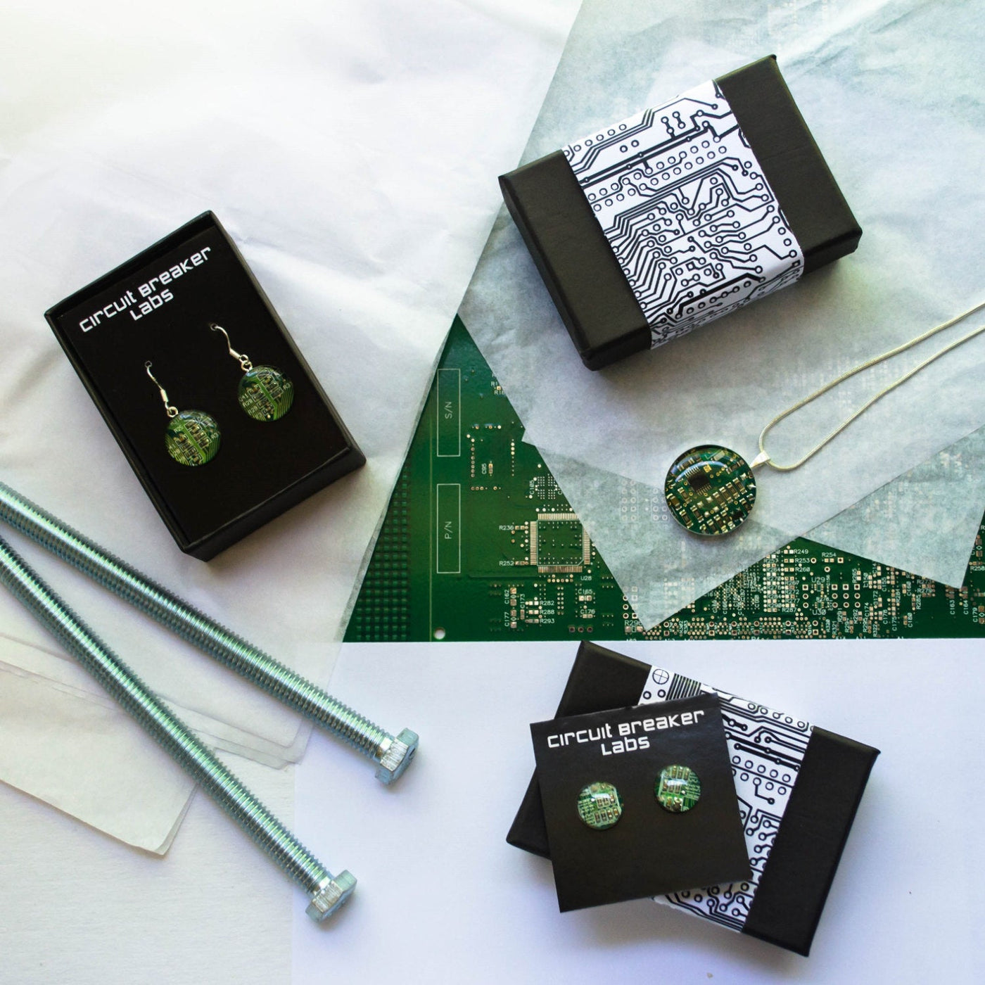 Tiny Circuit Board Sterling Silver Post Earrings