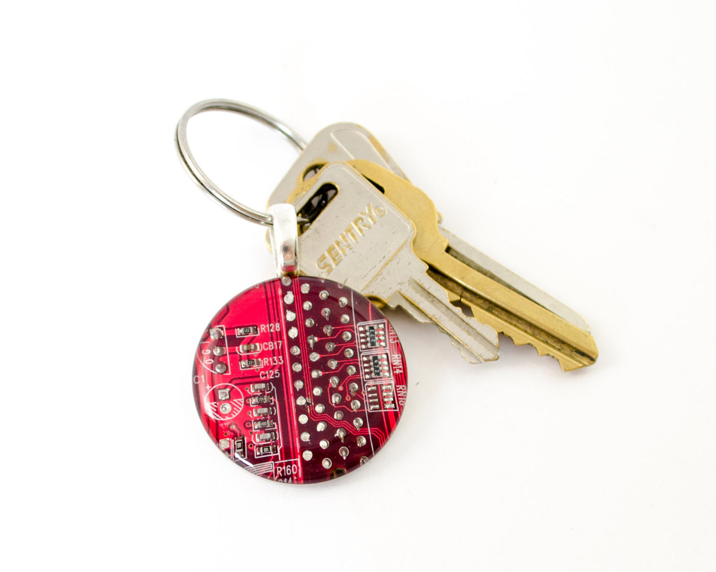red recycled circuit board keychain