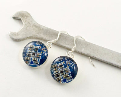 blue circuit board earrings sterling silver