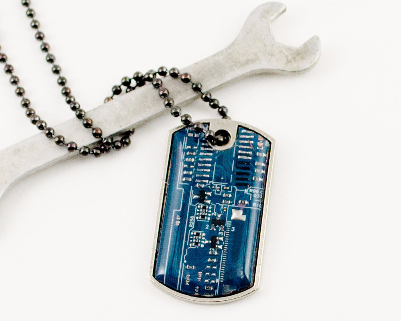 blue circuit board dog tag necklace