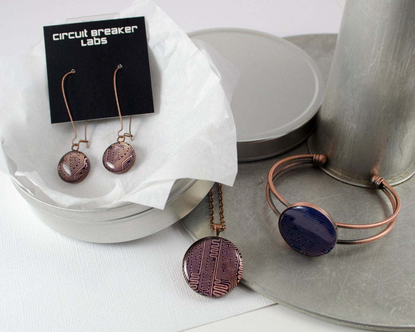 Circuit Board Gift Set, Copper Computer Necklace, Copper Bangle Bracelet, Copper Dangle Earrings, Geeky Engineer Gift, Wearable Technology