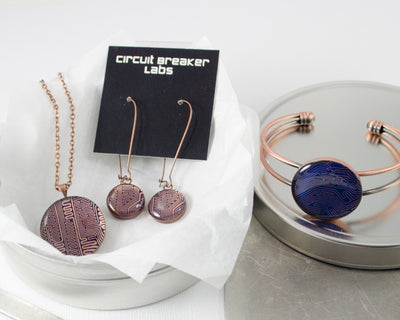 Circuit Board Gift Set, Copper Computer Necklace, Copper Bangle Bracelet, Copper Dangle Earrings, Geeky Engineer Gift, Wearable Technology