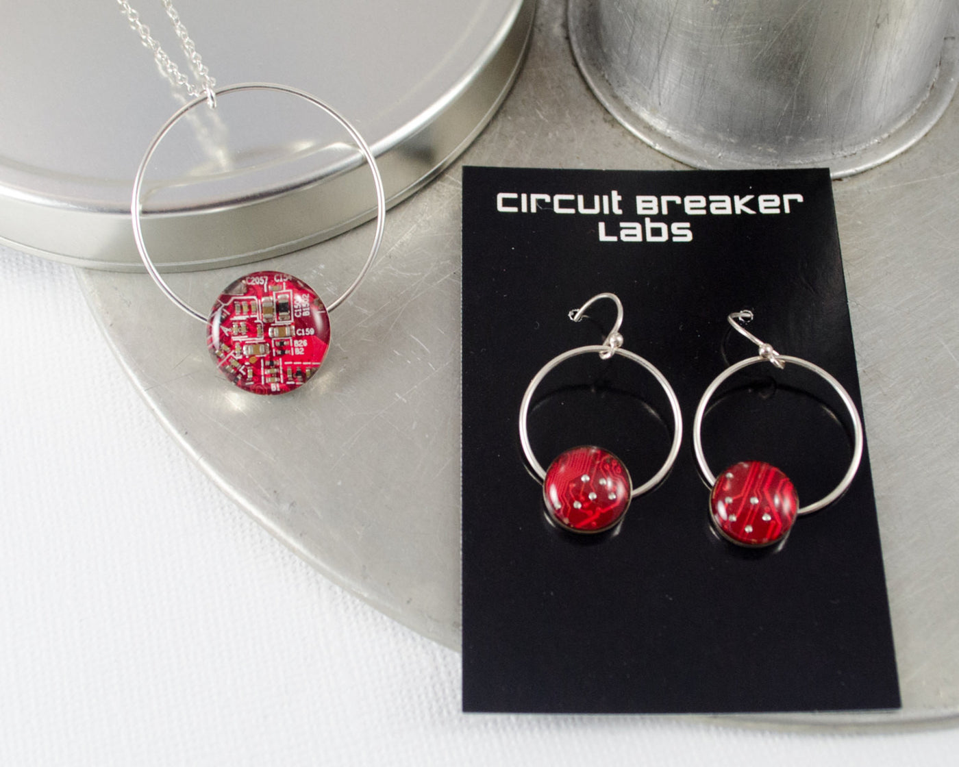 red circuit board jewelry gift set