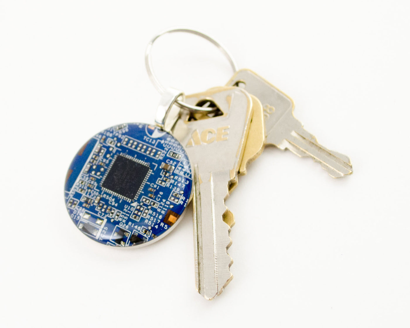 blue recycled circuit board keychain