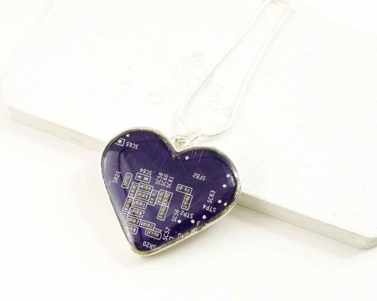 purple circuit board heart necklace
