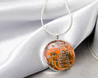 Circuit Board Necklace Orange, Technology Teacher, Wearable Technology, Computer Necklace, Geek Gift, Computer Jewelry, Nerdy Necklace