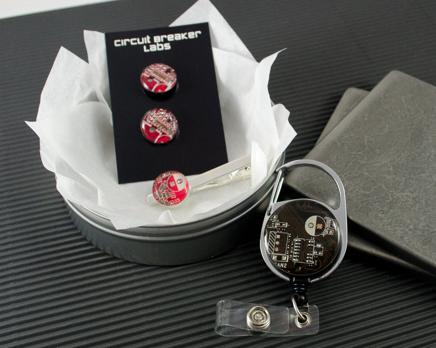 Circuit Board Gift Set - Retractable Badge Holder, Cufflinks, and Tie Bar