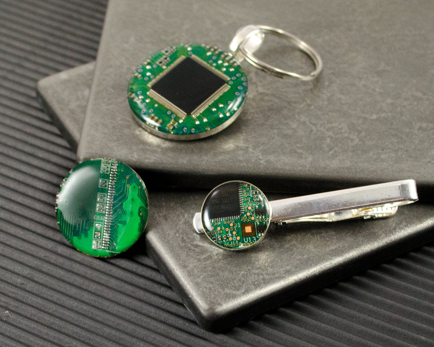 green circuit board tie bar magnet and keychain