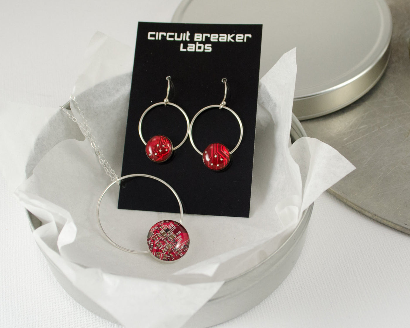 red sterling silver artisan jewelry gift set made from recycled circuit board