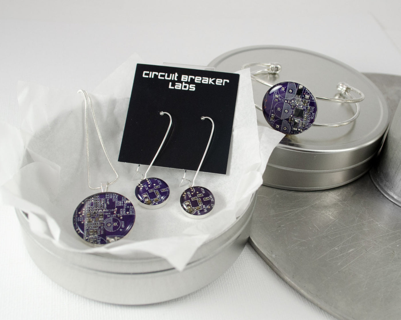 purple jewelry set in gift tin