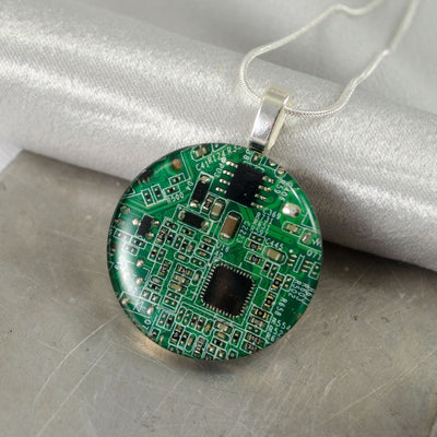 green circuit board necklace handmade from a recycled computer motherboard