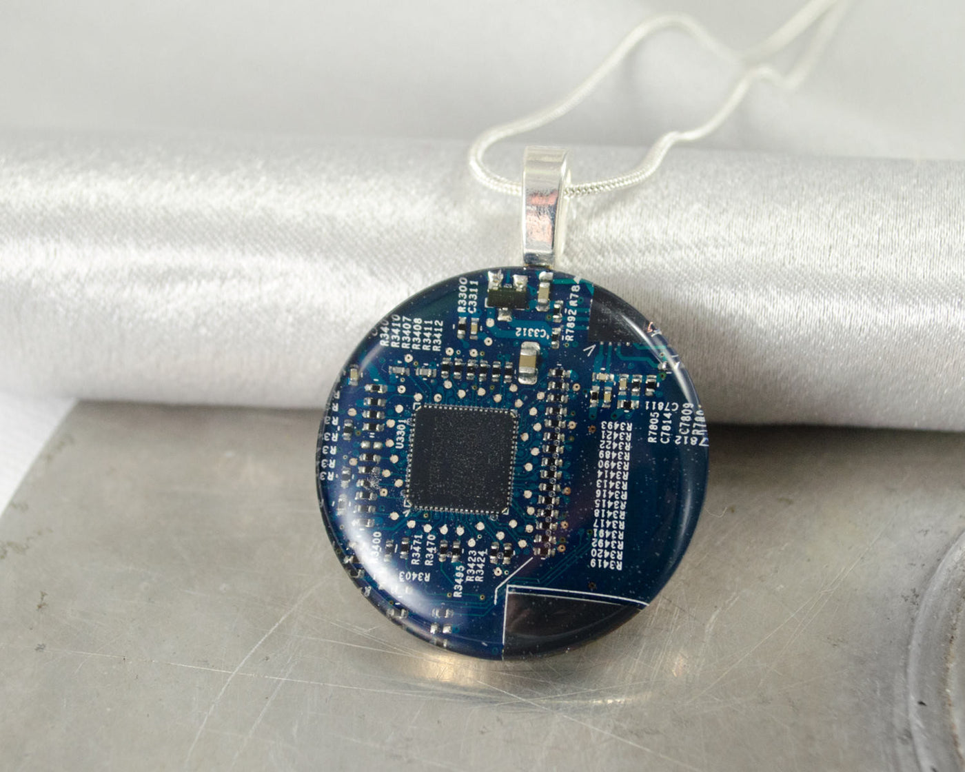 blue computer circuit board necklace