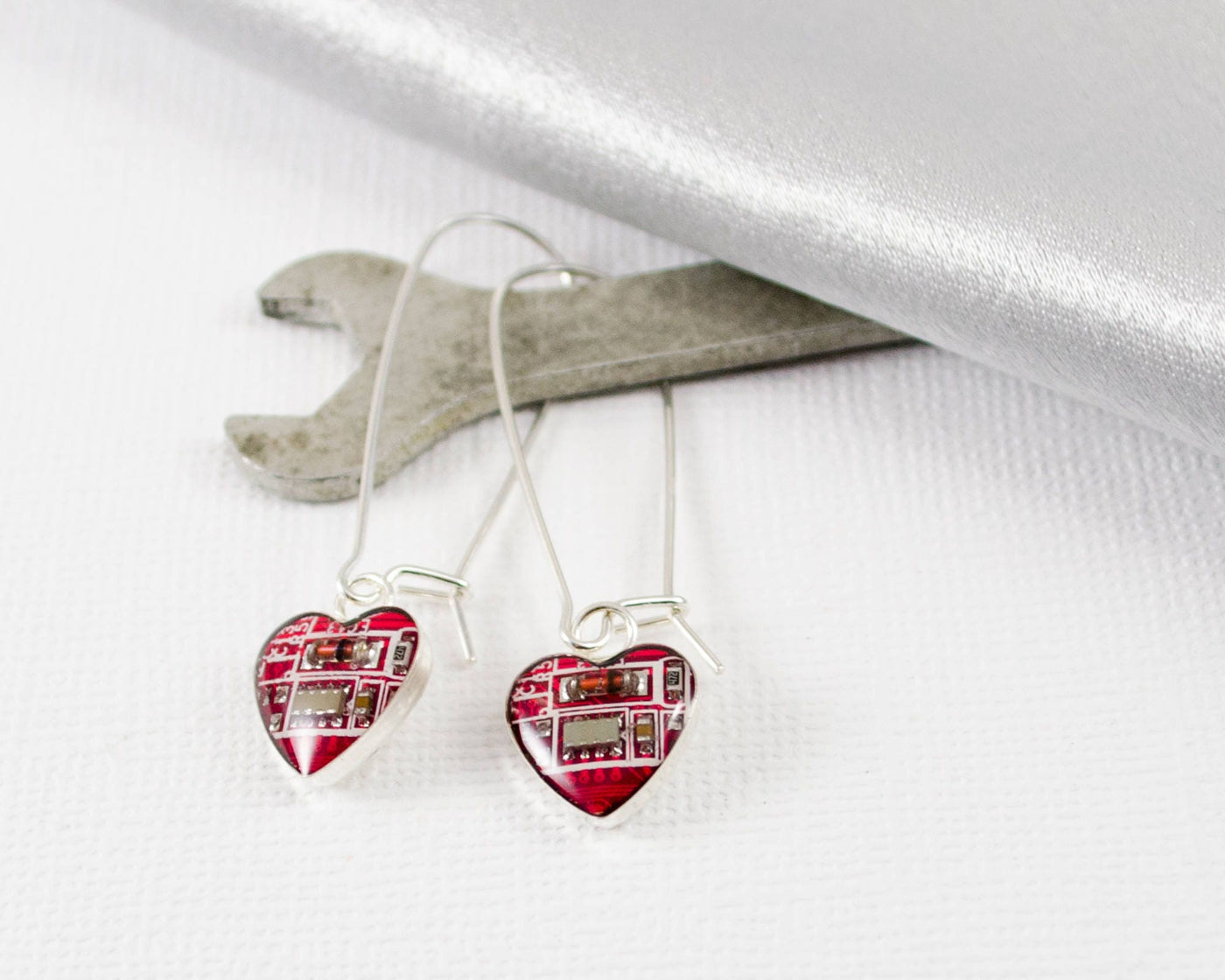 Circuit Board Earrings Small Red Hearts, Sterling Silver Dangle Earrings, Wearable Technology, Geek Earrings Gift, Geeky Valentines Day Gift