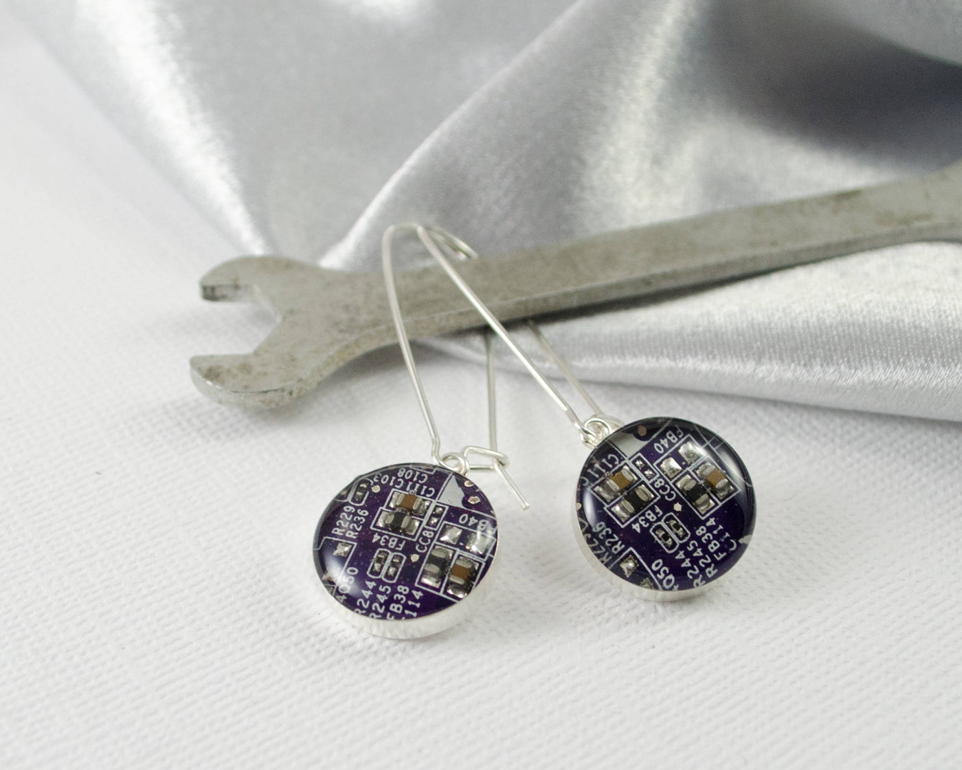 Circuit Board Earrings Purple, Wearable Technology, Engineer Gift, Sterling Silver Dangle Earrings, Nerdy Earrings, Software Engineer