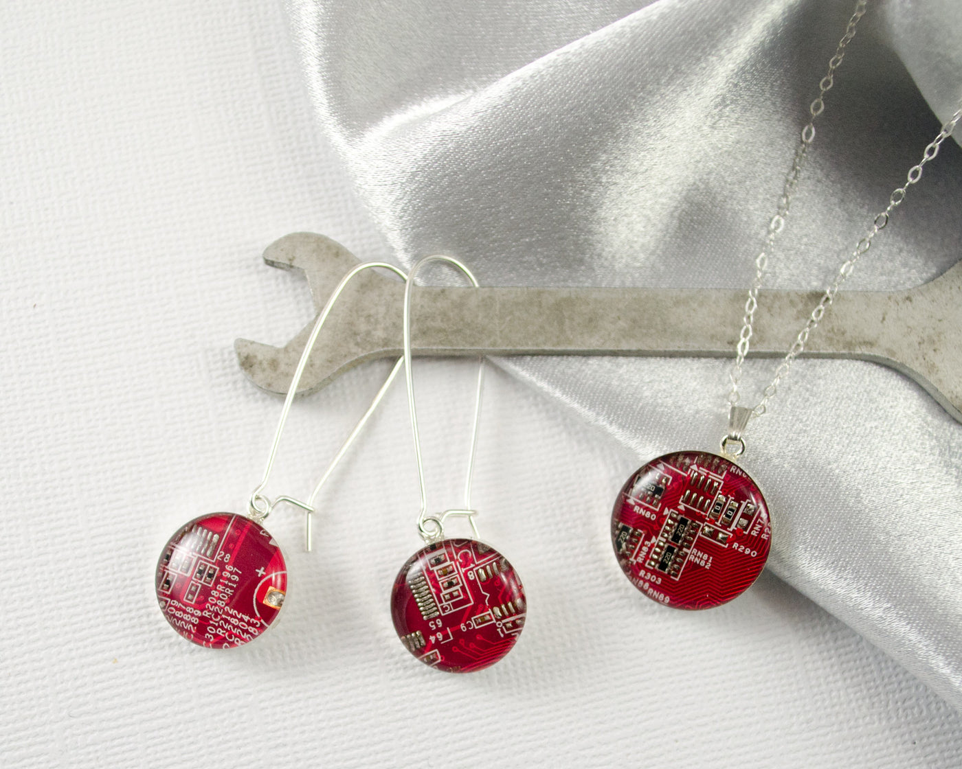 Circuit Board Necklace and Earring Set Red, Sterling Silver Jewelry, Wearable Technology, ENgineer Gift, Reclaimed Jewelry, Geek Chic Gift