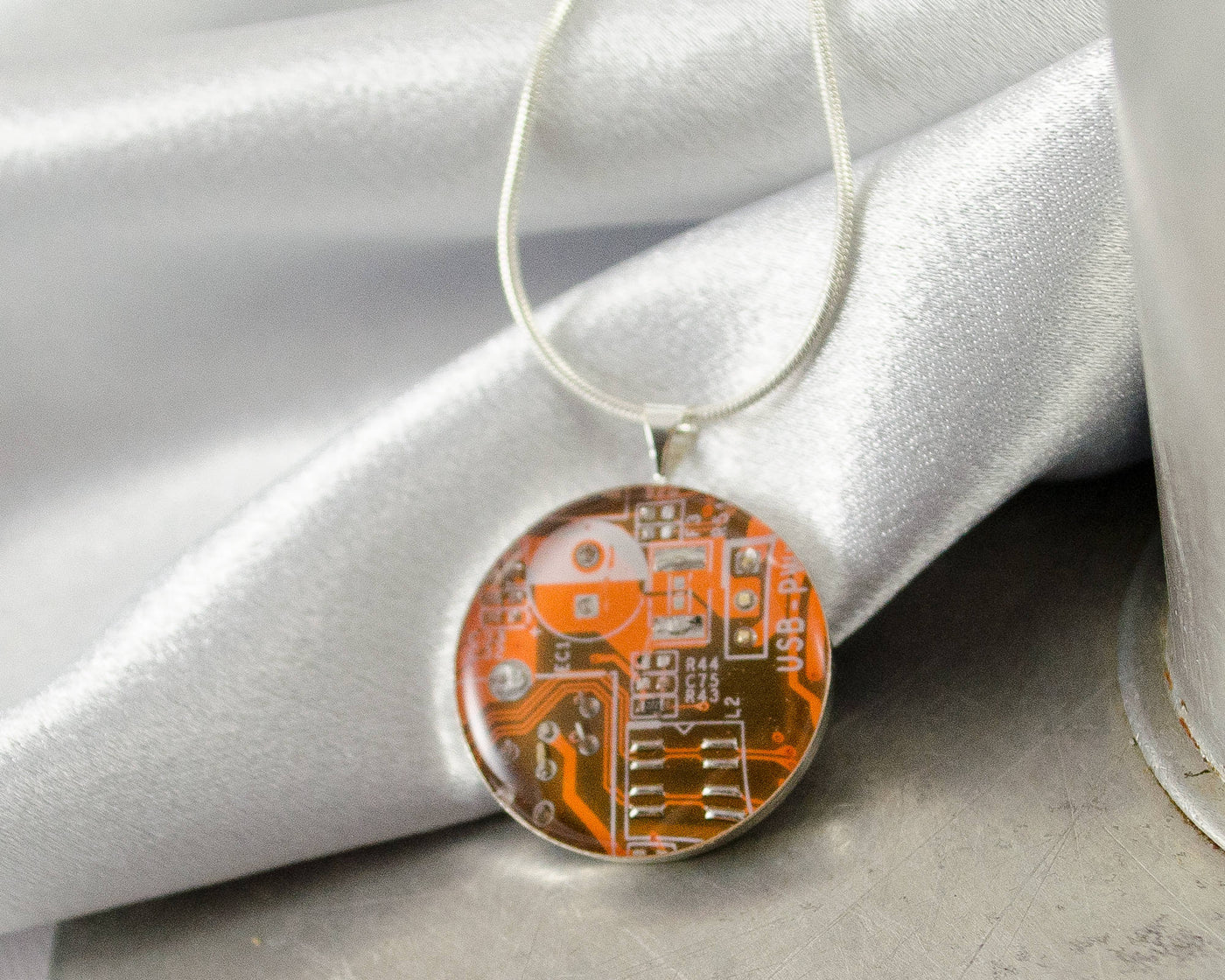 Circuit Board Necklace Orange, Technology Teacher, Wearable Technology, Computer Necklace, Geek Gift, Computer Jewelry, Nerdy Necklace