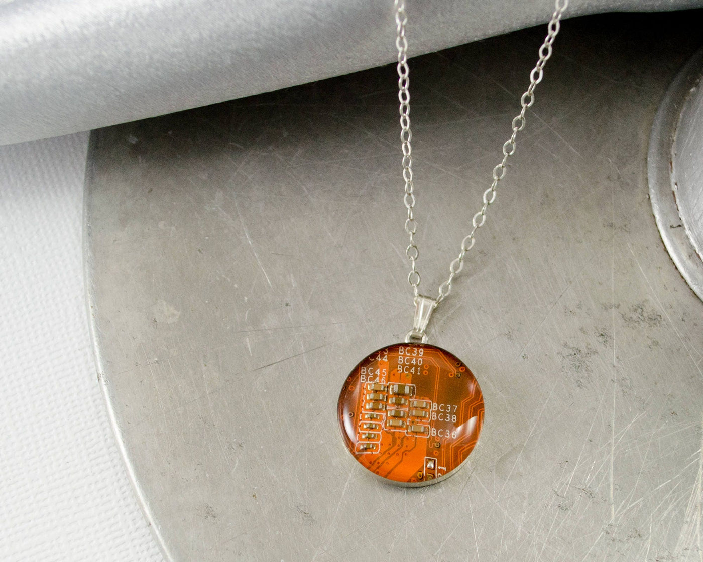 Circuit Board Necklace Orange, Sterling Silver Necklace, Royal Blue Jewelry, Wearable Technology, Computer Engineer, Science Necklace, Nerdy