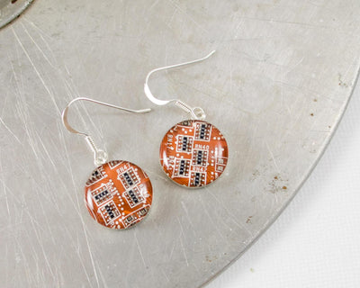 Circuit Board Earrings, Orange Sterling Silver Jewelry, Orange Dangle Earrings, Silver Earrings, Software Engineer, Women in Computing, Geek