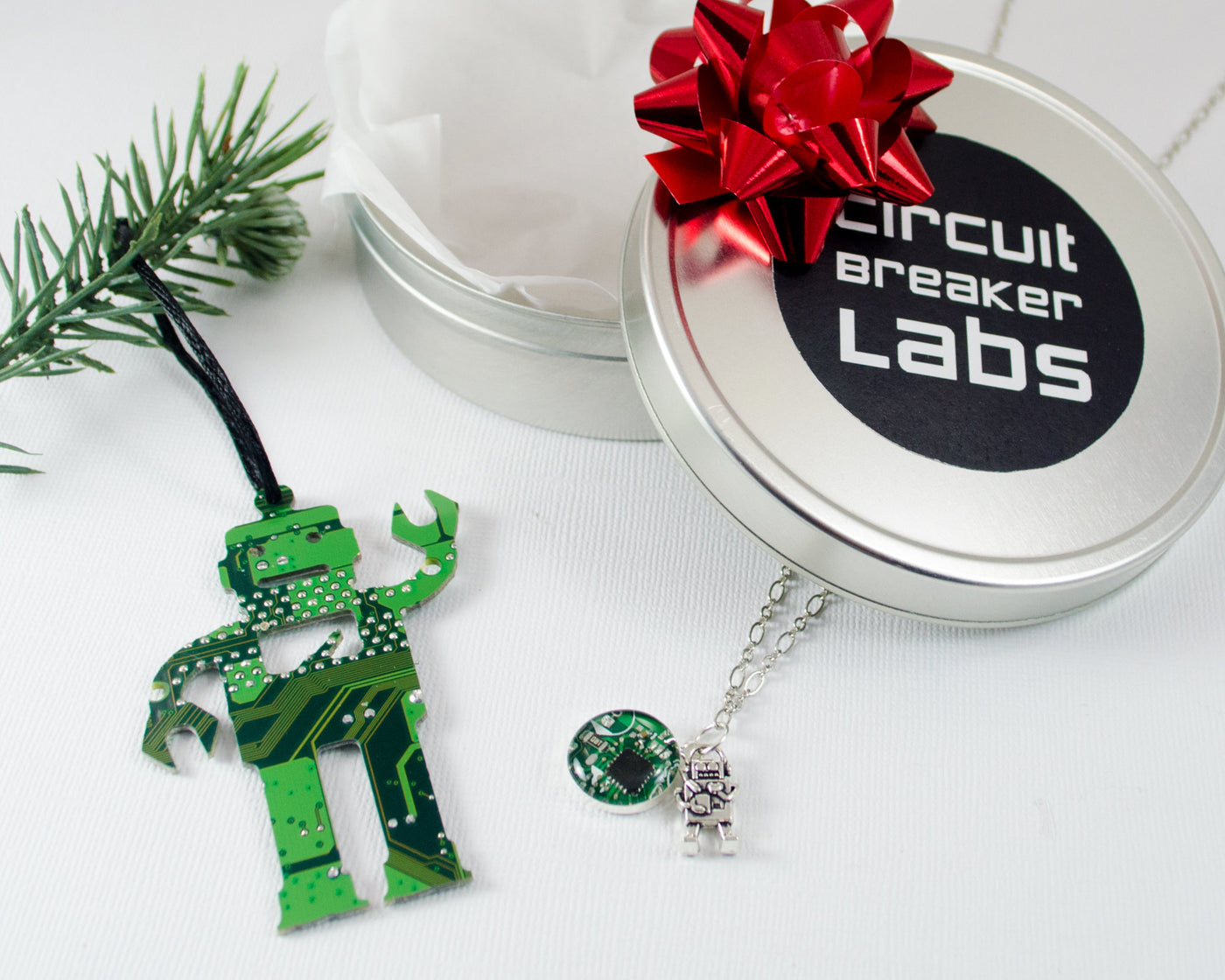 circuit board robot ornament and necklace gift set