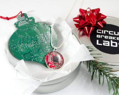 circuit board ornament and necklace gift set
