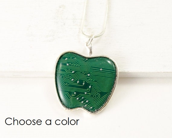 Circuit Board Apple Necklace, Technology Teacher Gift, Upcycled Computer Jewelry, Computer Teacher, Computer Programmer, Geek Gift for Her