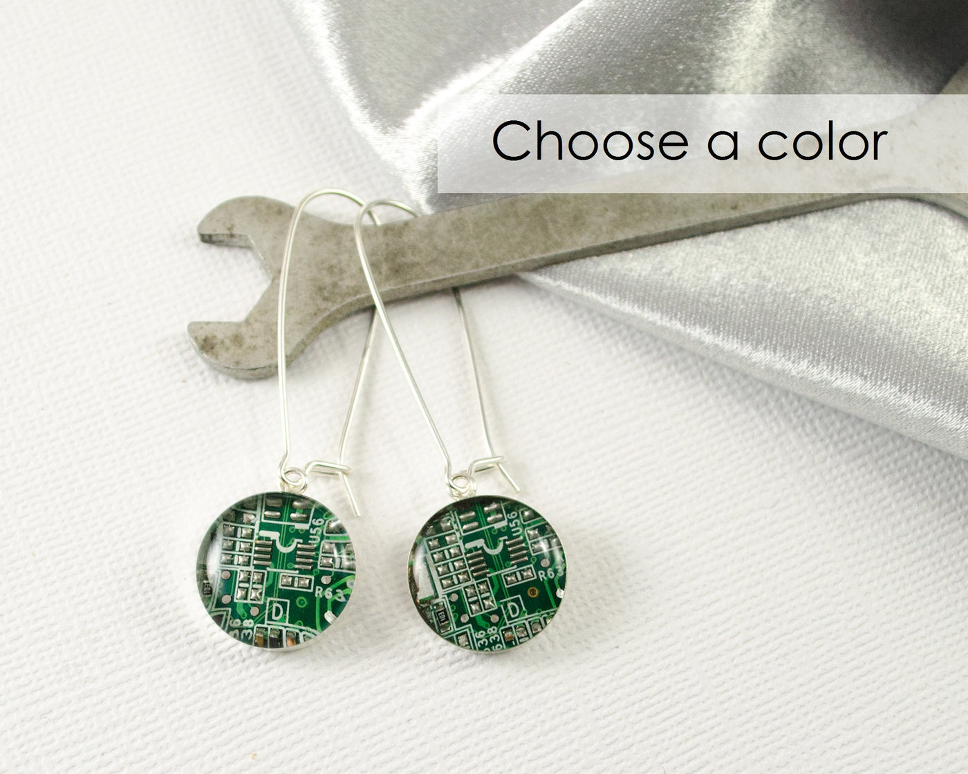 Recycled Circuit Board Earrings CHOOSE COLOR, Sterling Silver Dangle Earrings, Engineer Gift, Wearable Technology, Computer Jewelry, Geeky