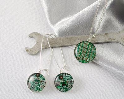 Circuit Board Necklace and Earring Set, Sterling Silver Jewelry, Wearable Technology, Engineer Gift, Techie Jewelry Set, Geek Chic Gift