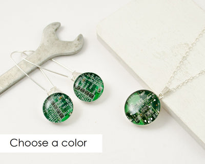 upcycled circuit boards turned into a handmade necklace and earrings set