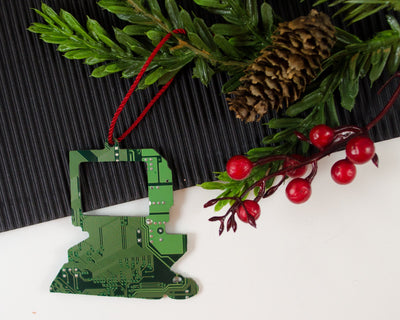 handmade green circuit board computer ornament with holiday decor
