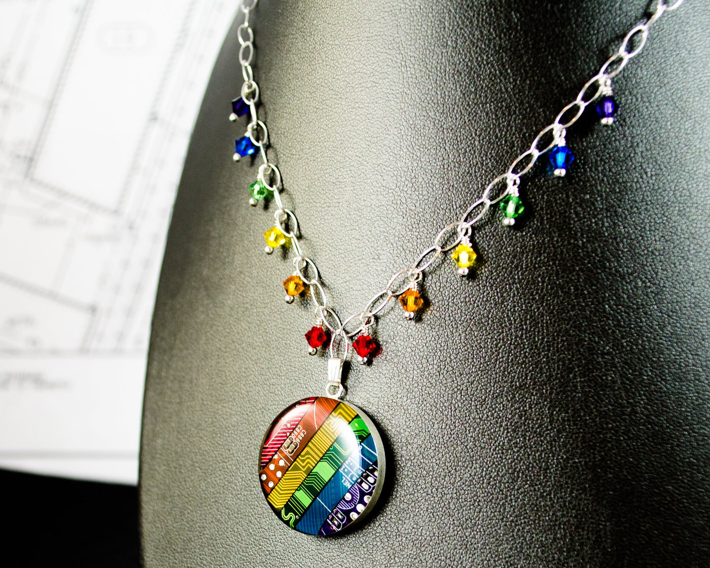 rainbow circuit board necklace with swarovski crystal rainbow fringe