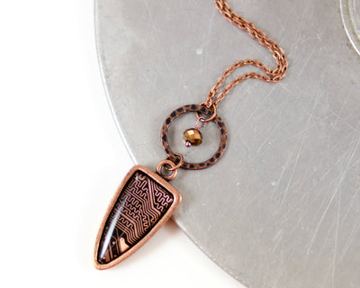 copper circuit board necklace with faceted bead dangle