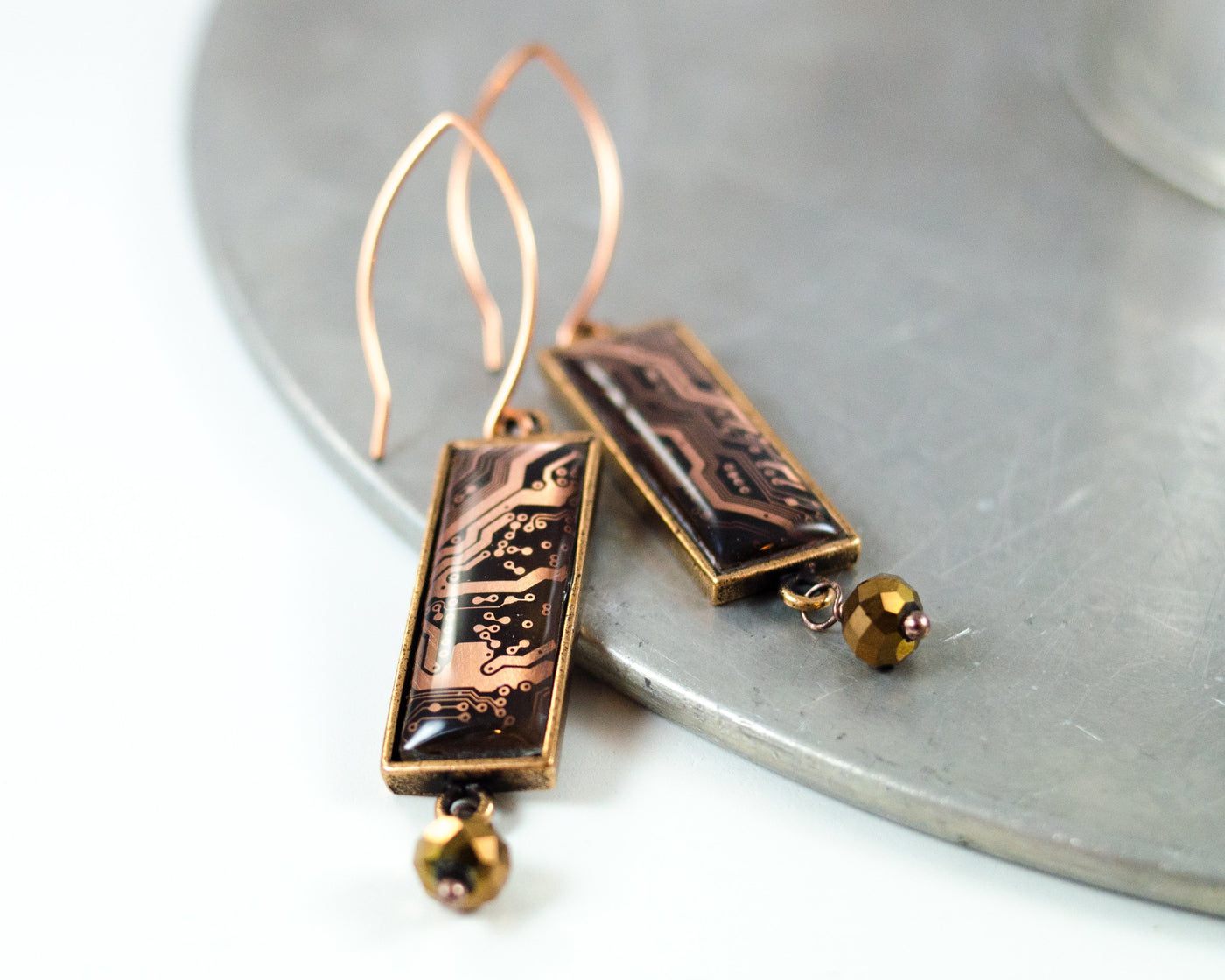 rectangle copper circuit board dangle earrings with faceted glass bead