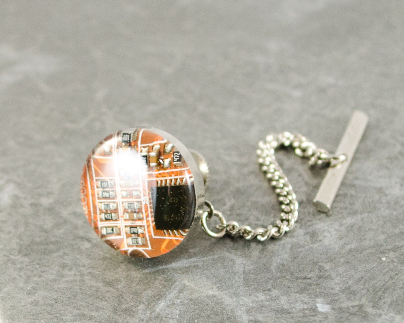 Circuit Board Tie Tack Orange, Computer Jewelry, Gift for Graduate, Father's Day Gift, Wearable Technology, Industrial Chic, Techie Tie Pin