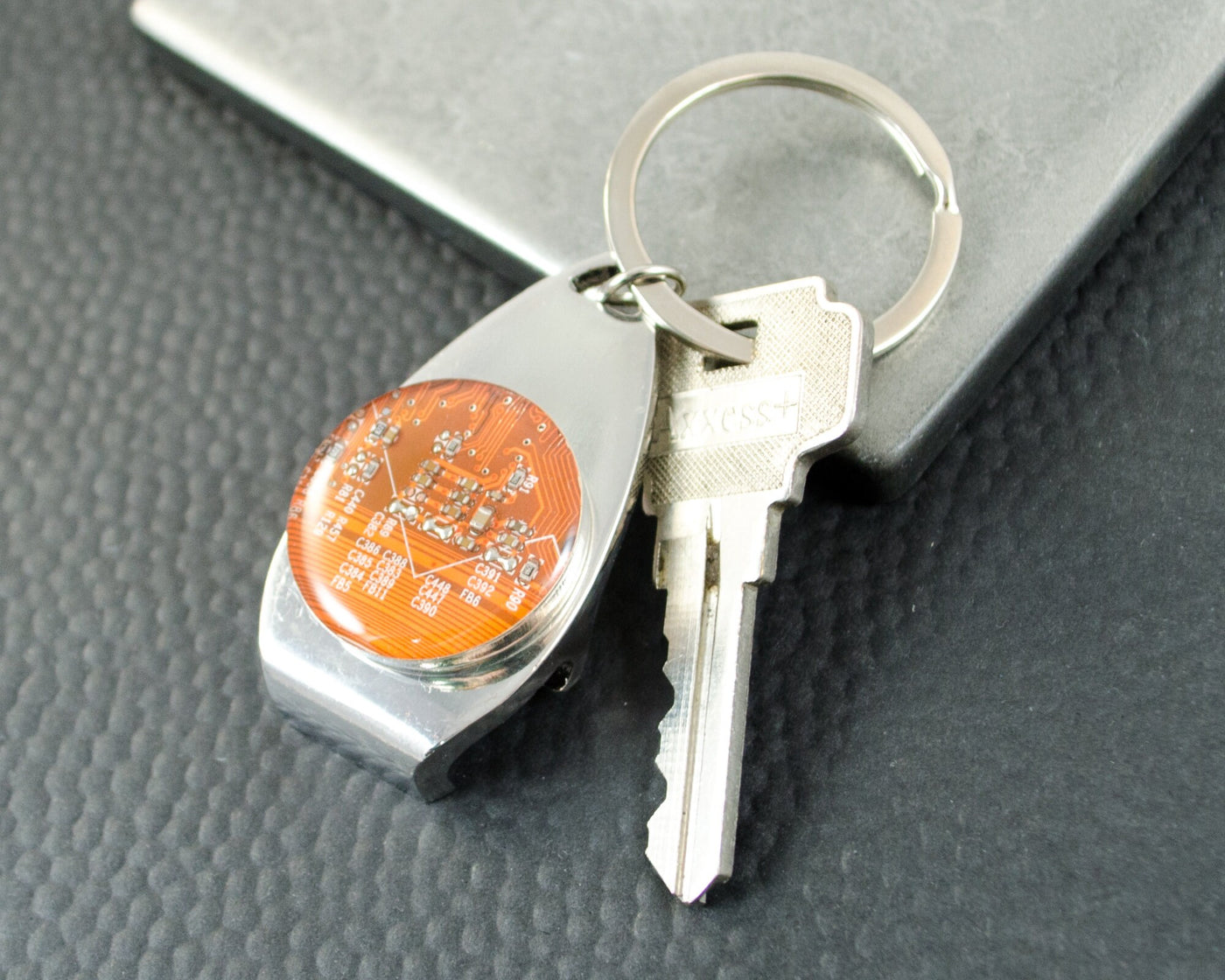 Orange Circuit Board Bottle Opener Keychain, Electrical Engineer Housewarming Gift, Computer Scientist New Lab Gift