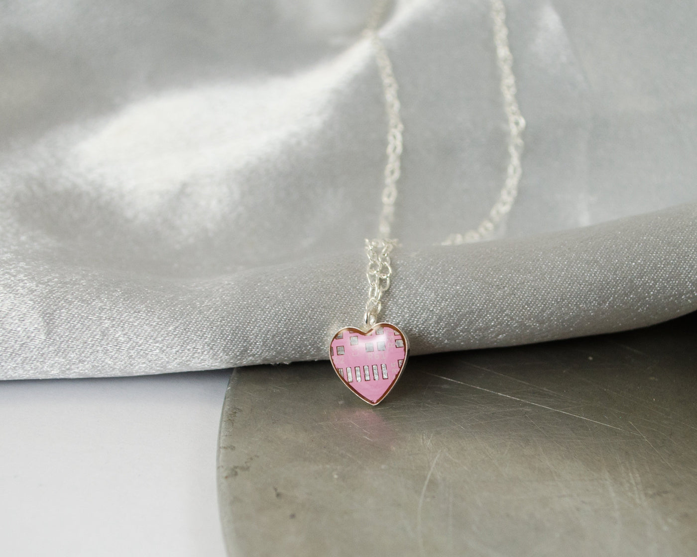 Tiny Pink Heart Circuit Board Necklace