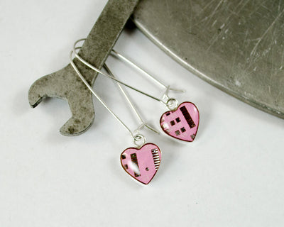 Pink Circuit Board Heart Earrings, Mini Size