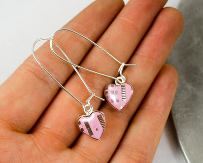 Pink Circuit Board Heart Earrings, Mini Size